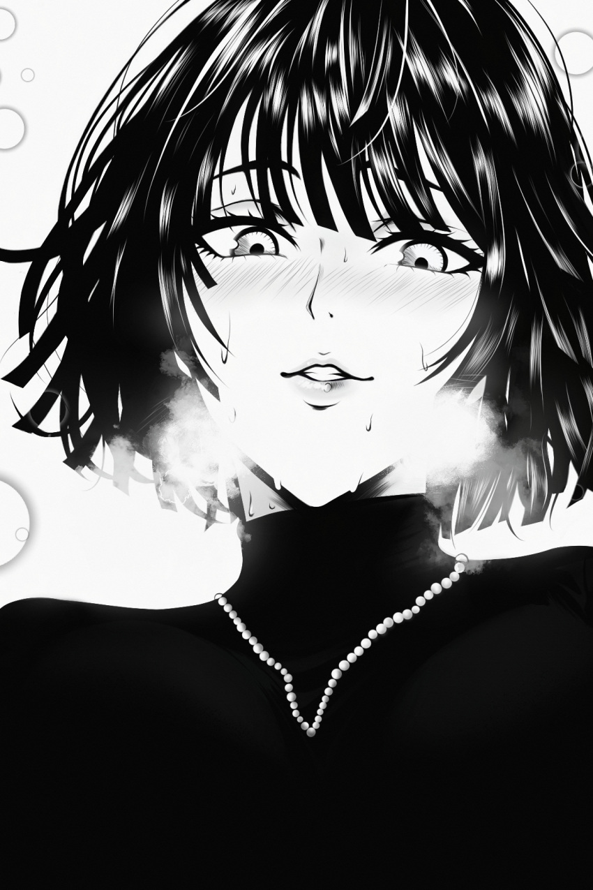 1girl dress fubuki_(one-punch_man) greyscale highres jewelry monochrome mostlybluewyatt necklace one-punch_man parted_lips pearl_necklace short_hair solo sweat teeth turtleneck_dress upper_body