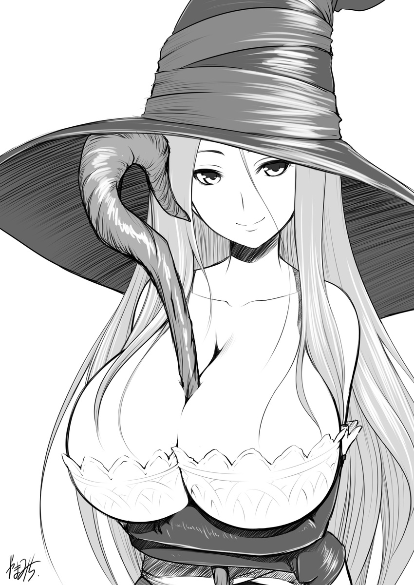 absurdres between_breasts breasts commentary_request crossed_arms dragon's_crown greyscale hat highres huge_breasts long_hair monochrome smile solo sorceress_(dragon's_crown) staff witch_hat yama-michi