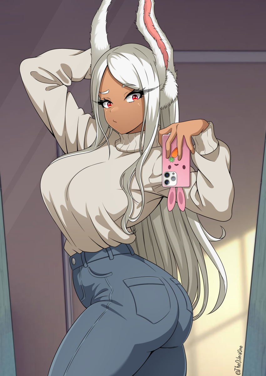 1girl absurdres animal_ears arm_behind_head ass boku_no_hero_academia breasts cellphone dark-skinned_female dark_skin high-waist_pants highres holding holding_phone large_breasts long_eyelashes long_hair looking_at_viewer mirko mirror pants parted_bangs phone rabbit_ears rabbit_girl rabbit_tail red_eyes selfie smartphone solo sweater sweater_tucked_in tail theoiledone turtleneck turtleneck_sweater twisted_torso twitter_username very_long_hair white_hair white_sweater