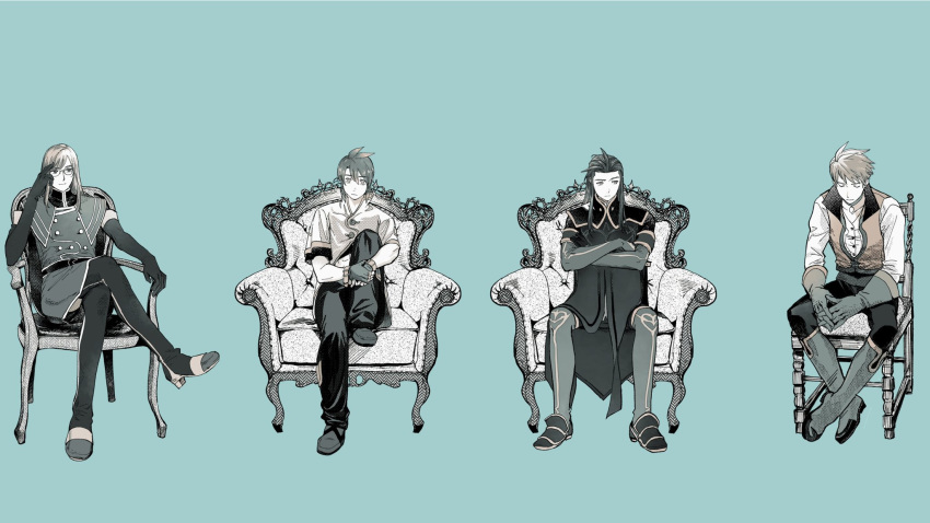 4boys aqua_background asch_(tales) boots buttons chair closed_eyes closed_mouth commentary_request cropped_shirt crossed_arms crossed_legs elbow_gloves fingerless_gloves full_body glasses gloves guy_cecil hair_between_eyes hair_slicked_back high_collar highres hugging_own_legs jacket jade_curtiss knee_boots knee_up long_hair long_sleeves looking_at_viewer luke_fon_fabre male_focus multiple_boys on_chair own_hands_together pants pesso popped_collar short_hair short_sleeves shoulder_pads sidelocks sitting spiked_hair swept_bangs tales_of_(series) tales_of_the_abyss thigh_boots vest