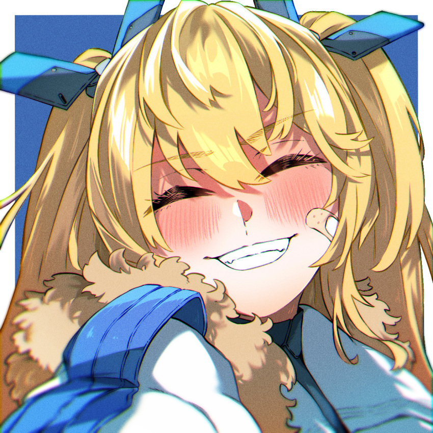 1girl amazora_cakel bandaid bandaid_on_face blonde_hair blush closed_eyes fangs fur_collar goddess_of_victory:_nikke headpiece highres laplace_(nikke) smile twintails