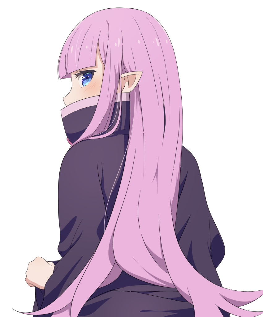 1girl blue_eyes blunt_bangs blush camui1104 character_request grey_background highres long_hair long_sleeves looking_back pink_hair pointy_ears re:zero_kara_hajimeru_isekai_seikatsu simple_background solo