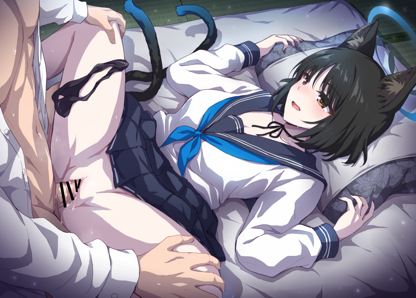 1boy 1girl animal_ears black_choker black_hair black_sailor_collar black_skirt blue_archive blue_neckerchief brown_eyes cat_ears cat_girl choker clothed_sex hetero kikyou_(blue_archive) long_sleeves lying marugoshi_(54burger) multiple_tails neckerchief on_back open_mouth penis sailor_collar school_uniform serafuku sex shirt short_hair skirt smile spread_legs tail vaginal white_shirt