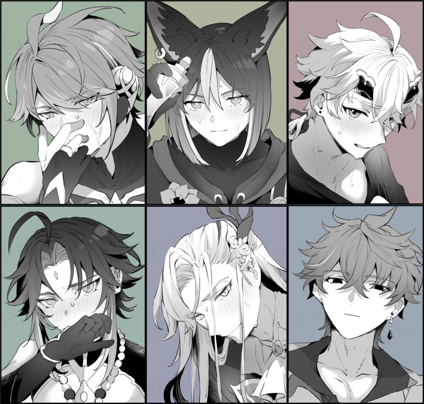 6+boys alhaitham_(genshin_impact) animal_ear_fluff animal_ears blush closed_mouth ear_piercing earrings facial_mark flower forehead_mark fox_boy fox_ears genshin_impact gloves greyscale hair_between_eyes hair_ornament headband holding jacket jewelry kazuki_(ka3du6ki) male_focus monochrome multicolored_hair multiple_boys neuvillette_(genshin_impact) parted_lips partially_fingerless_gloves piercing ponytail simple_background single_earring sweat tartaglia_(genshin_impact) thoma_(genshin_impact) tighnari_(genshin_impact) xiao_(genshin_impact)