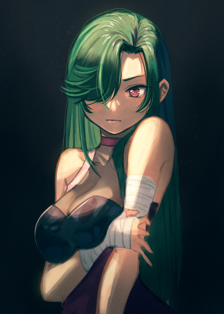 1girl bandaged_arm bandaged_hand bandages black_background black_dress breasts closed_mouth commentary delicious_party_precure dress green_hair hair_over_one_eye halter_dress halterneck highres jj_(ssspulse) long_hair looking_at_viewer medium_breasts precure red_eyes secretoru_(precure) see-through solo standing