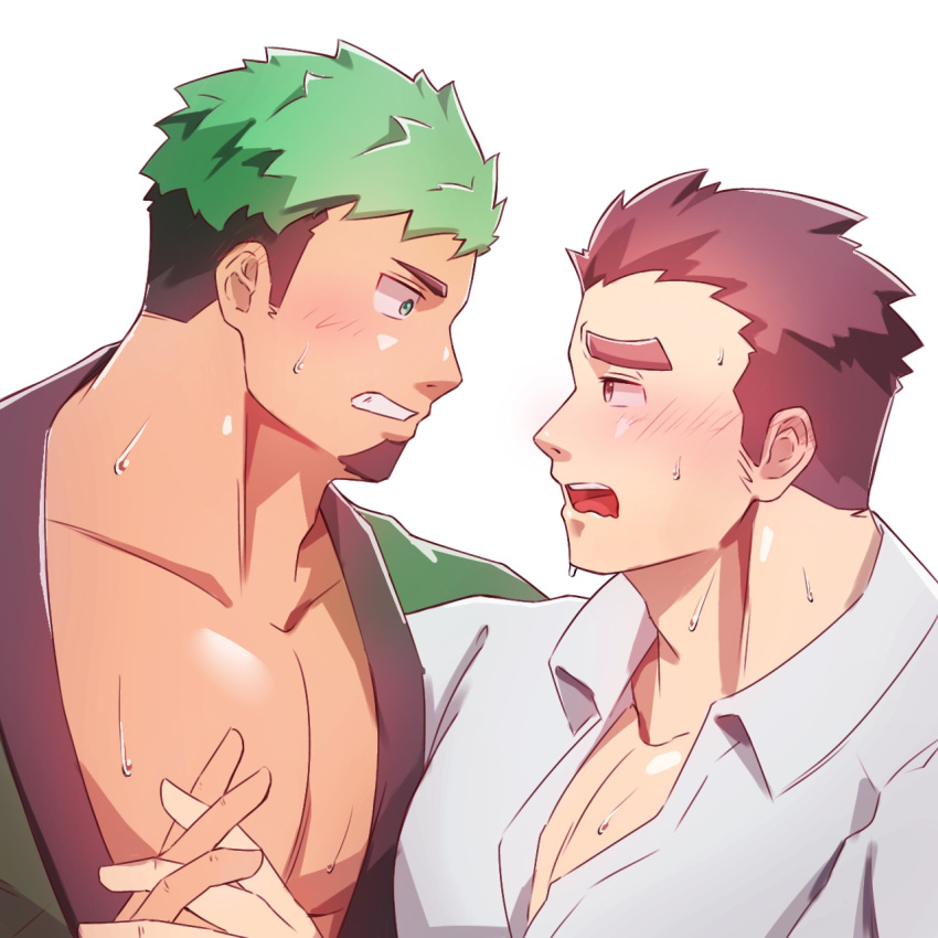 2boys adam's_apple bara black_hair blush couple dark-skinned_male dark_skin eye_contact facial_hair from_side furrowed_brow goatee green_hair highres holding_hands ikusaba_daisuke interlocked_fingers large_pectorals looking_at_another male_focus medium_sideburns multicolored_hair multiple_boys muscular muscular_male official_alternate_costume pectoral_cleavage pectorals poteto02888292 protagonist_3_(housamo) short_hair sideburns_stubble stubble tokyo_afterschool_summoners two-tone_hair yaoi