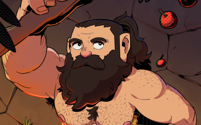 1boy armpit_hair armpit_hair_peek back_hair bara beard beard_over_mouth brown_hair dungeon_meshi dwarf facial_hair hairy highres long_beard male_focus muscular muscular_male nipples nude official_alternate_hairstyle paid_reward_available pectorals ponytail senshi_(dungeon_meshi) solo sparse_arm_hair thick_chest_hair thick_mustache toraboi upper_body very_long_beard