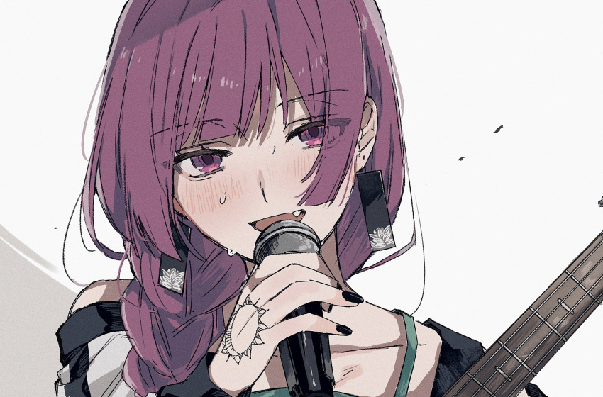 1girl black_nails blush bocchi_the_rock! braid brandnewday collarbone dress earrings fang green_dress highres hiroi_kikuri holding holding_instrument holding_microphone instrument jacket jewelry long_hair long_sleeves looking_at_viewer microphone music nail_polish open_clothes open_jacket open_mouth parted_lips purple_eyes purple_hair simple_background singing single_bare_shoulder solo sweat tassel tassel_earrings upper_body white_background