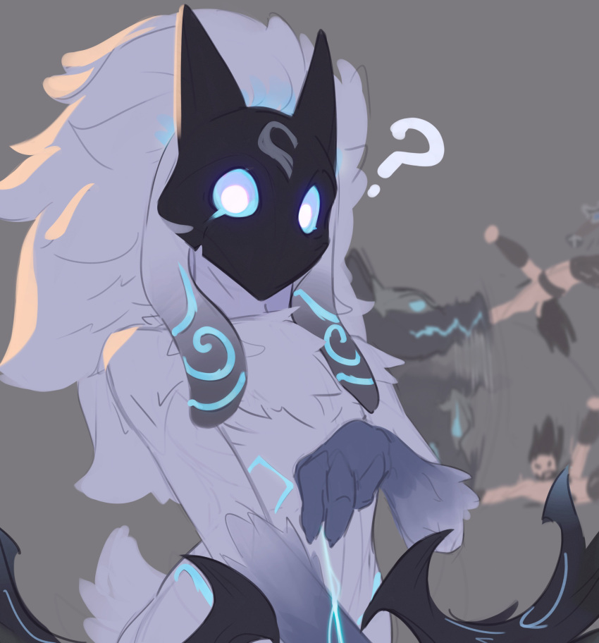 absurd_res ambiguous_gender bitting blue_sclera character_request feral fur grey_background hi_res kindred_(lol) league_of_legends mask question_mark riot_games simple_background solo tagme tail unknown_artist white_body white_eyes white_fur