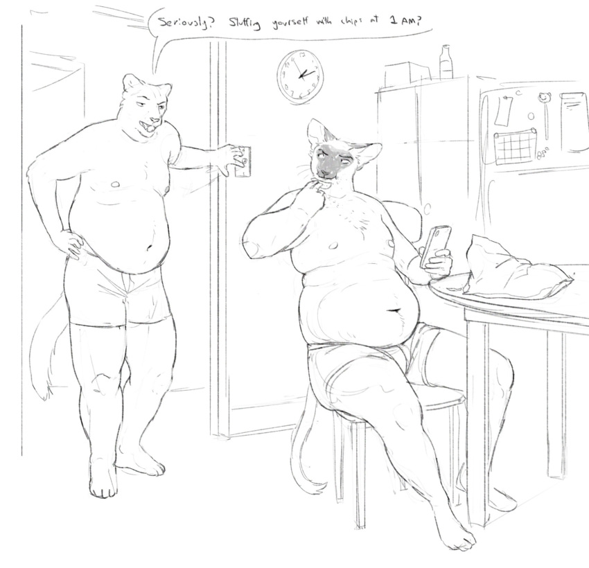 anthro appliance belly big_belly cettus cougar detailed_background domestic_cat duo eating felid feline felis food fridge hi_res karras_lafontaine kitchen kitchen_appliance male male/male mammal overweight overweight_male samson_(derpoomer) siamese thick_thighs weight_gain