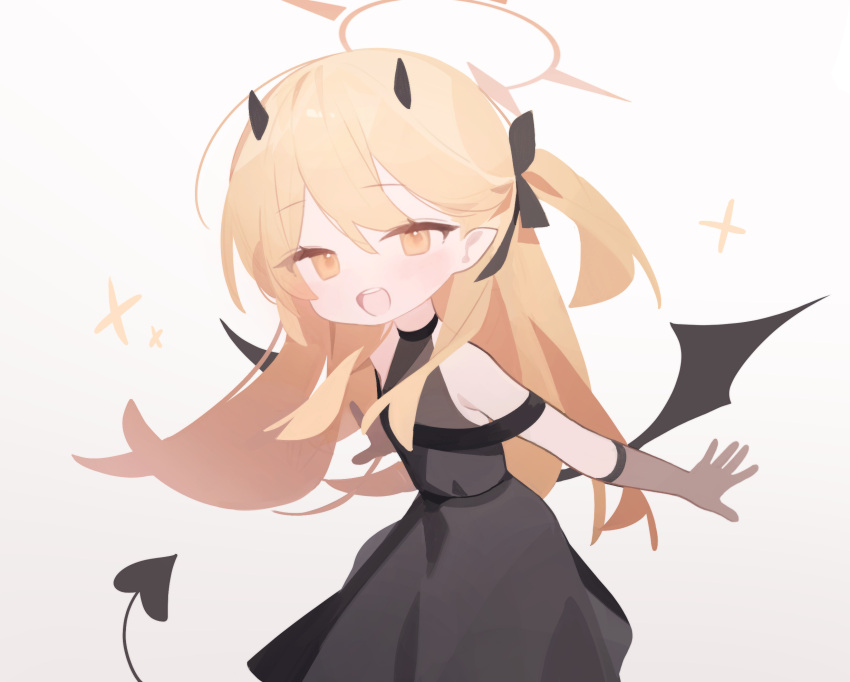 1girl black_dress black_horns black_tail black_wings blonde_hair blue_archive blush demon_horns demon_tail demon_wings doribae dress halo highres horns ibuki_(blue_archive) long_hair looking_at_viewer open_mouth pointy_ears simple_background smile solo tail white_background wings yellow_eyes yellow_halo