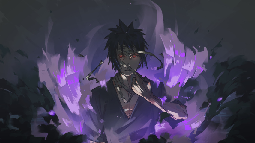 1boy absurdres arm_up artpaji bandage_on_face bandages black_background black_hair highres looking_at_viewer naruto_(series) naruto_shippuuden purple_theme red_eyes removing_bandages sharingan solo standing susanoo_(naruto) uchiha_sasuke v-neck