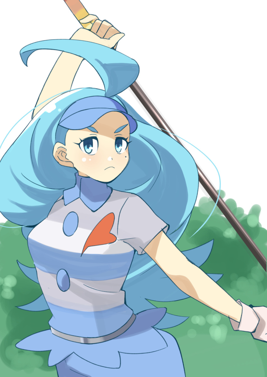 1girl 34_(sanjushi) ahoge blue_eyes blue_hair blue_headwear breasts buttons collared_shirt flipped_hair gloves golf_club highres holding holding_golf_club kahili_(pokemon) light_blue_hair medium_breasts mole mole_under_eye pokemon pokemon_sm shirt short_sleeves single_glove solo striped_clothes striped_shirt visor_cap