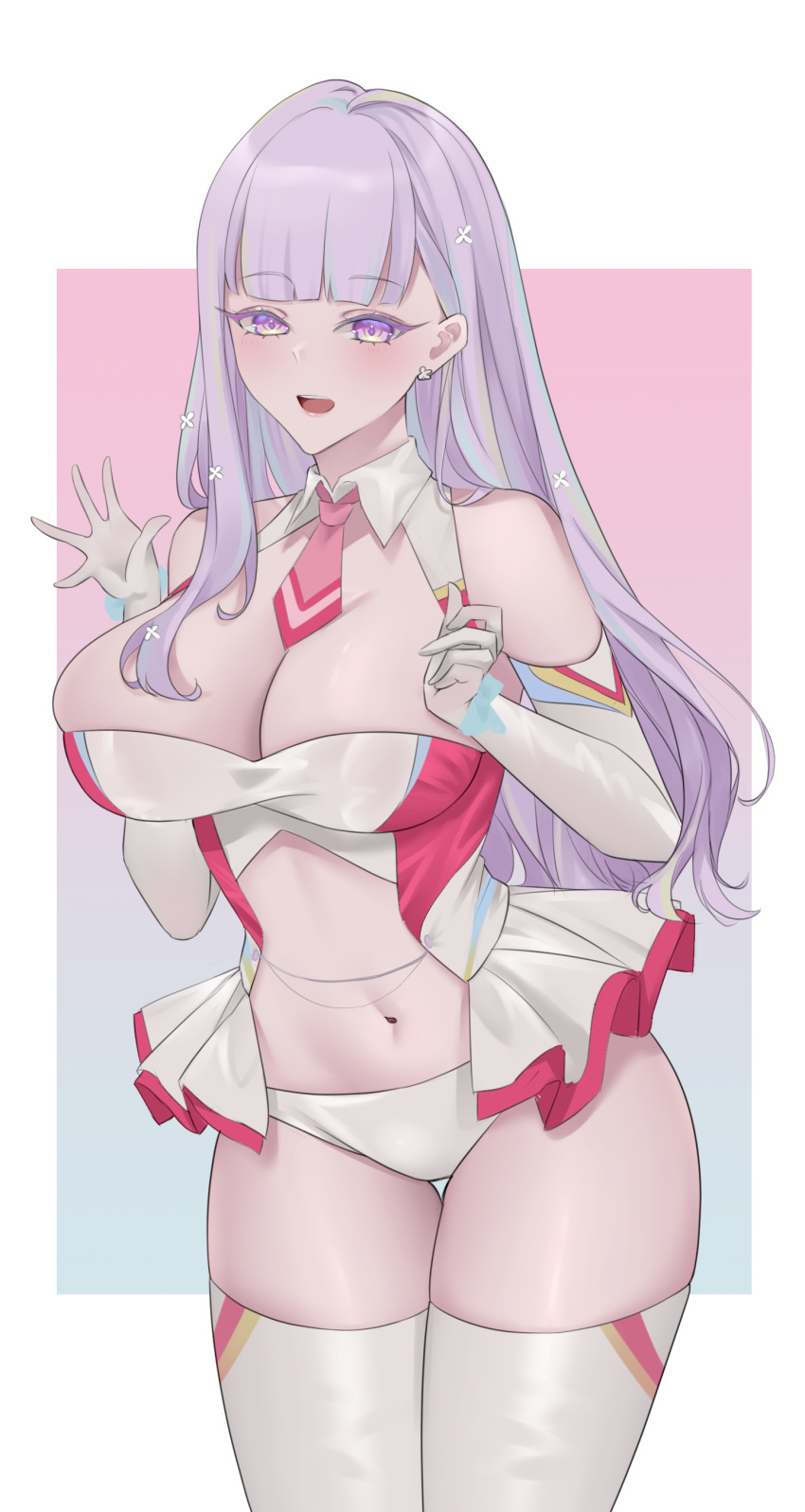 1girl absurdres alternate_costume azur_lane breasts cowboy_shot detached_collar elbow_gloves gloves highres huge_breasts long_hair looking_at_viewer microskirt nanako94418108 navel necktie open_mouth panties pink_necktie plymouth_(azur_lane) purple_eyes purple_hair race_queen revealing_clothes short_necktie showgirl_skirt skirt thighhighs underwear white_gloves white_panties white_thighhighs