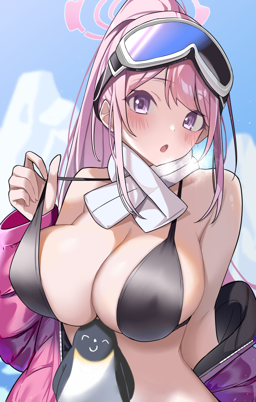 1girl absurdres animal bikini bird black_bikini blue_archive blush breasts cleavage day doodle_sensei_(blue_archive) eimi_(blue_archive) eimi_(swimsuit)_(blue_archive) goggles goggles_on_head hair_between_eyes halo highres jacket large_breasts long_hair long_sleeves looking_at_viewer mizumok1 official_alternate_costume open_clothes open_jacket open_mouth outdoors penguin pink_eyes pink_hair pink_halo pink_jacket ponytail sensei_(blue_archive) solo swimsuit