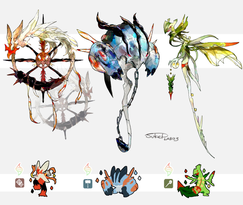 absurdres blaziken cane chain chakram dated grey_background highres mega_blaziken mega_sceptile mega_swampert no_humans objectification pokemon pokemon_(creature) sceptile signature staff sukepmonster swampert themed_object war_hammer weapon weapon_focus white_background