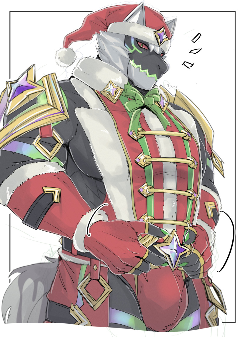 1boy absurdres animal_ears bara colored_sclera commentary_request furry furry_male green_eyes hat highres izm_(izm_rm7) live_a_hero looking_at_viewer male_focus monomasa_(live_a_hero) muscular muscular_male notice_lines red_sclera santa_costume santa_hat tail wolf_boy wolf_ears wolf_tail