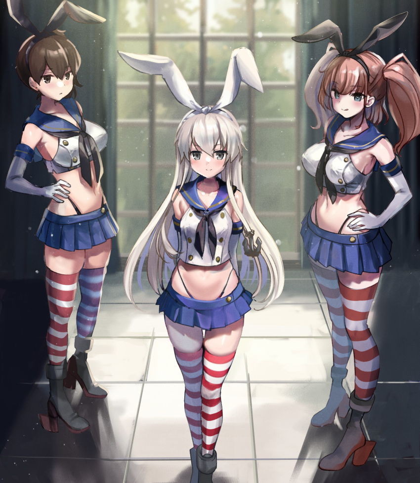 3girls absurdres atlanta_(kancolle) black_hairband black_neckerchief black_panties blonde_hair blue_sailor_collar blue_skirt breasts brown_eyes brown_hair cosplay crop_top eckert&amp;eich elbow_gloves gloves grey_eyes hairband height_difference highleg highleg_panties highres kaga_(kancolle) kantai_collection large_breasts long_hair looking_at_viewer matching_outfits microskirt miniskirt multiple_girls neckerchief panties pleated_skirt sailor_collar shimakaze_(kancolle) shimakaze_(kancolle)_(cosplay) shirt side_ponytail skirt sleeveless sleeveless_shirt striped_clothes striped_thighhighs thighhighs two_side_up underwear white_gloves white_hairband
