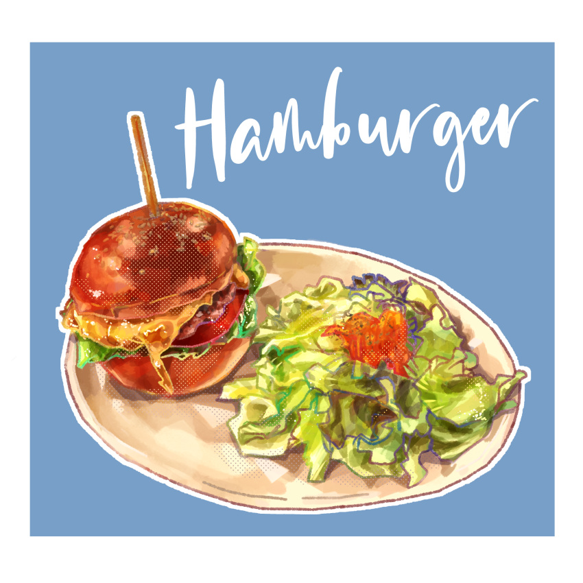 blue_background border burger cheese food food_focus hayasegawayayoi highres lettuce no_humans original plate still_life tomato tomato_slice white_border