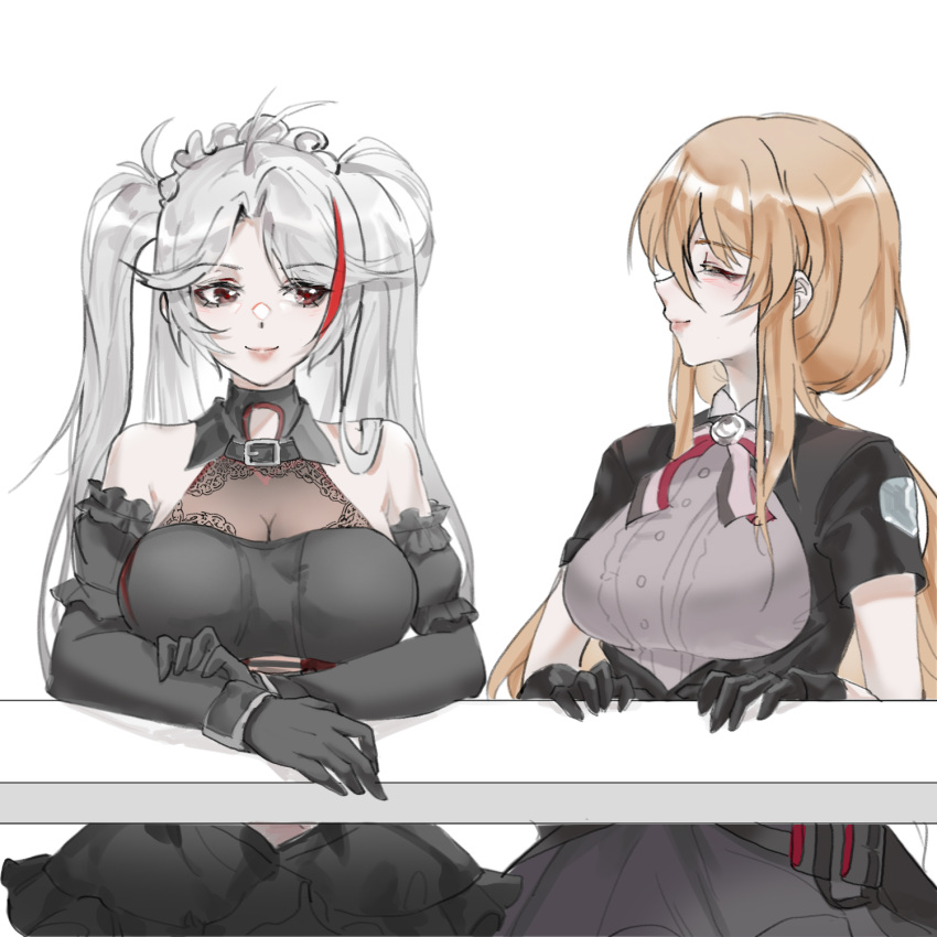 2girls azur_lane bare_shoulders bismarck_(azur_lane) bismarck_(iron_black_elysium)_(azur_lane) breasts facing_to_the_side hands_on_table highres multicolored_hair multiple_girls on_table prinz_eugen_(azur_lane) prinz_eugen_(kindred_evening_spirits)_(azur_lane) red_eyes smile staring streaked_hair table twintails white_background white_hair xiaoli_(1507)