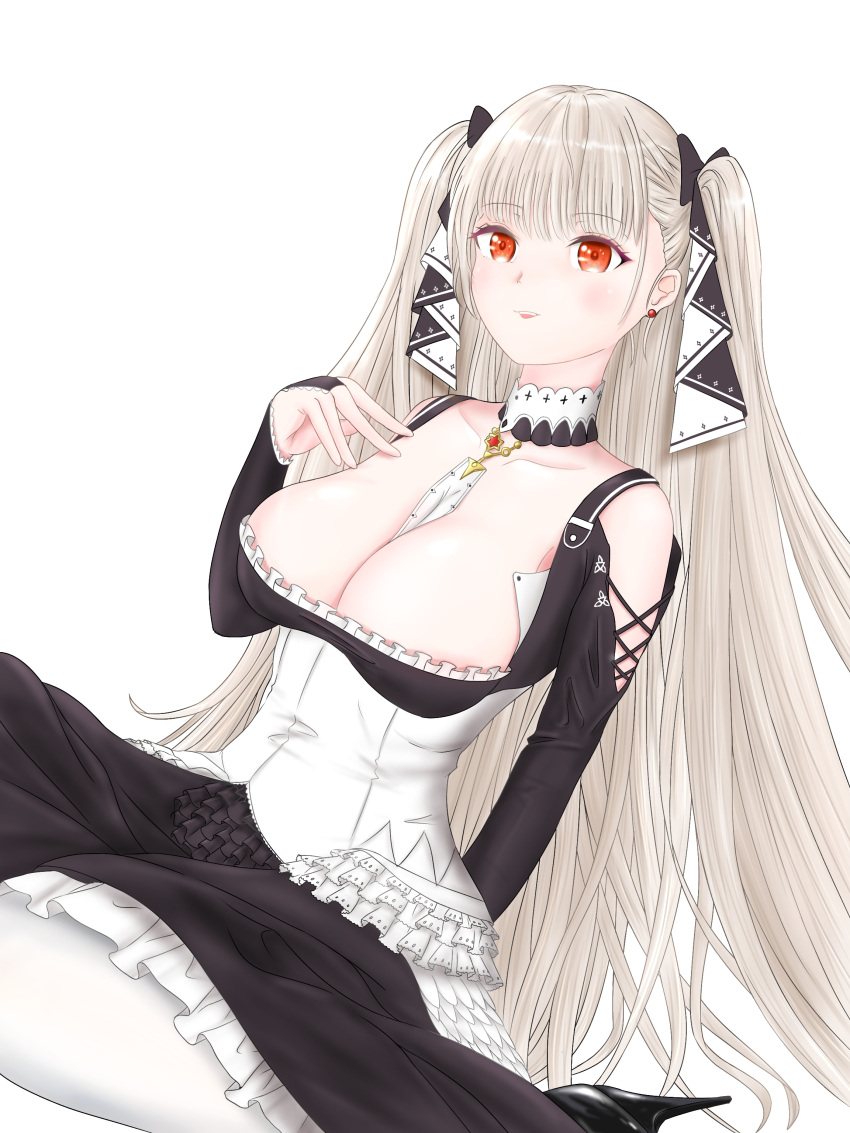 1girl ? absurdres azur_lane bare_shoulders between_breasts black_dress black_ribbon blush bow breasts choker cleavage closed_mouth collarbone detached_collar detached_sleeves dress earrings formidable_(azur_lane) frilled_dress frills gothic_lolita grey_hair hair_ribbon hexagram high_heels highres jewelry kazu_(pixiv_31811985) large_breasts lolita_fashion long_hair looking_at_viewer pantyhose parted_lips red_eyes ribbon sidelocks simple_background sitting smile solo twintails two-tone_dress very_long_hair white_background white_pantyhose