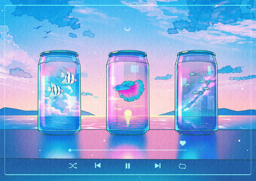 absurdres blue_theme border can cloud crescent_moon drink_can gradient_sky highres media_player_interface moon mountainous_horizon no_humans ocean original outdoors reflection simple_bird sky sunset surreal transparent tropical_fish user_interface wacca005 water