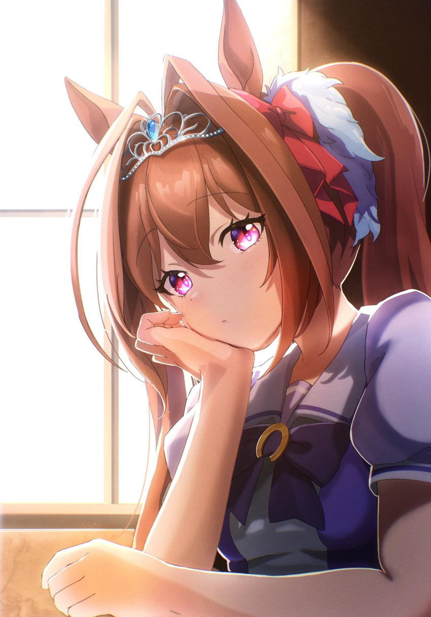 1girl animal_ears bow bowtie brown_hair daiwa_scarlet_(umamusume) from_side hair_intakes highres horse_ears horse_girl horseshoe_ornament long_hair looking_at_viewer looking_to_the_side moko39_takasora puffy_short_sleeves puffy_sleeves purple_bow purple_bowtie purple_eyes purple_shirt sailor_collar sailor_shirt school_uniform shirt short_sleeves solo tiara tracen_school_uniform twintails umamusume upper_body very_long_hair