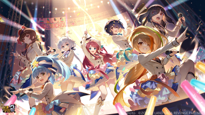 6+girls benghuai_xueyuan black_hair blonde_hair blue_eyes blue_hair character_request copyright_name crossover dancing highres holding holding_glowstick holding_microphone honkai_(series) idol logo long_hair microphone multiple_girls music official_art red_eyes red_hair school_uniform second-party_source singing white_hair yellow_eyes zombie_land_saga