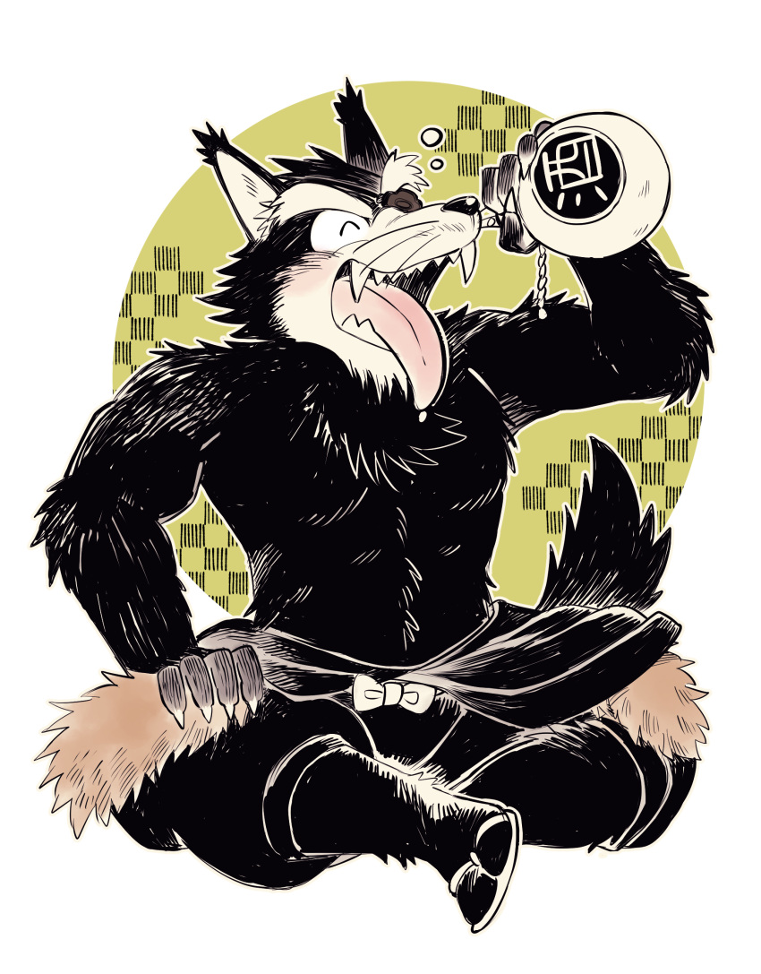 2024 absurd_res alcohol anthro beverage black_body black_fur canid canine canis clothing eyes_closed footwear fur hi_res kemono kinoshita-jiroh male mammal open_mouth sake sandals sitting solo tongue tongue_out wolf