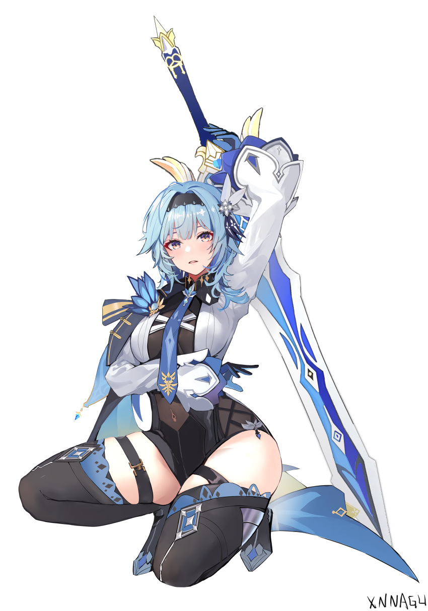1girl absurdres arm_up artist_name black_hairband blue_cape blue_gloves blue_hair blue_necktie boots breasts cape chinese_commentary eula_(genshin_impact) genshin_impact gloves greatsword hair_ornament hairband high-waist_shorts highres large_breasts long_sleeves looking_at_viewer medium_hair necktie orange_eyes parted_lips shorts side_cape sidelocks simple_background skindentation solo song_of_broken_pines_(genshin_impact) squatting sword sword_behind_back syngeloussier thigh_boots thighs vision_(genshin_impact) weapon white_background white_sleeves wide_sleeves