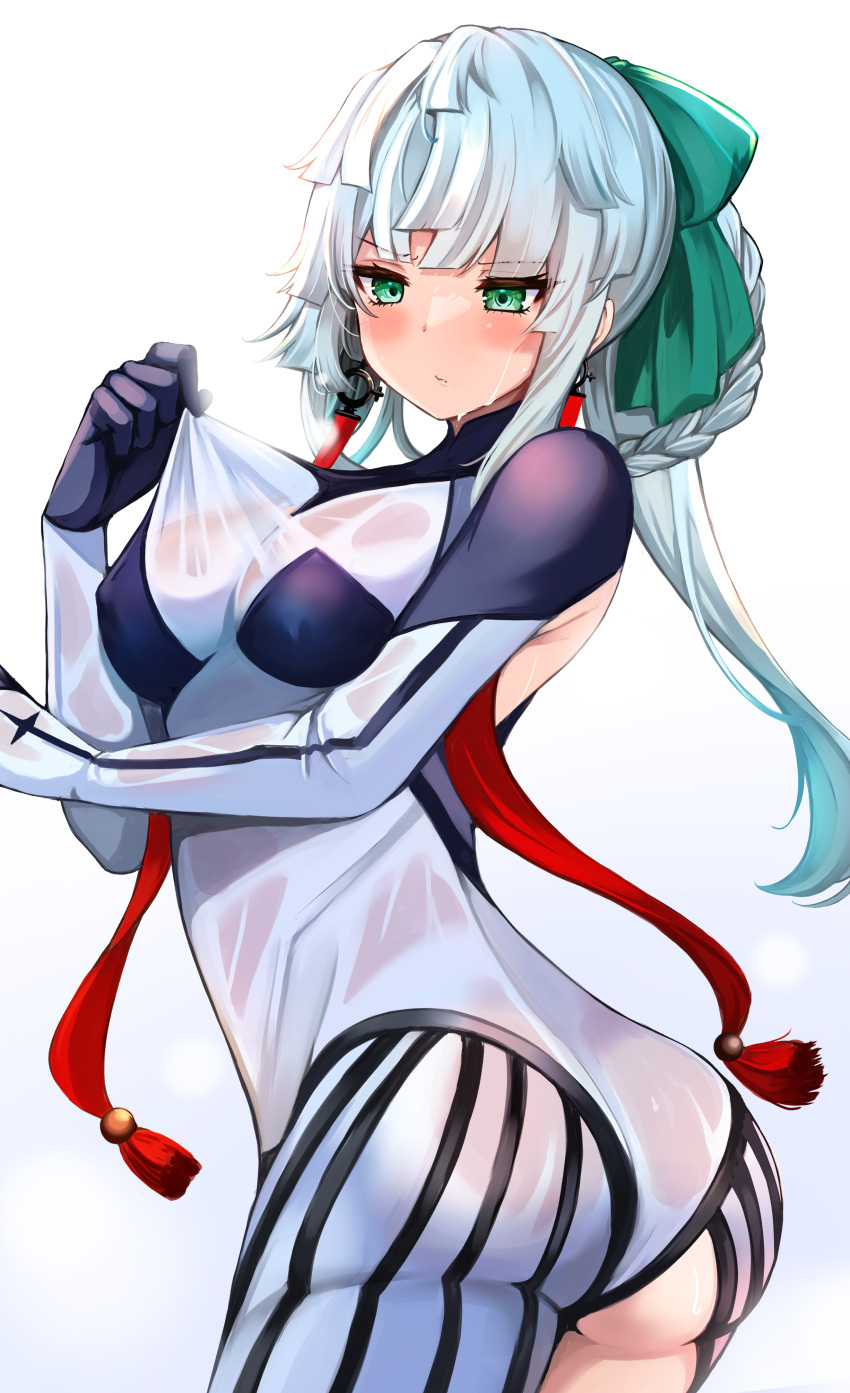 1girl absurdres armpit_cutout ass black_bodysuit blush bodysuit braided_hair_rings breasts clothes_pull clothing_cutout earrings fate/grand_order fate/samurai_remnant fate_(series) green_eyes hair_ribbon highres jewelry long_hair medium_breasts ponytail ribbon shibakame sidelocks solo sweaty_clothes thigh_cutout thighs two-tone_bodysuit white_bodysuit white_hair yui_shousetsu_(fate) yui_shousetsu_(first_ascension)_(fate)