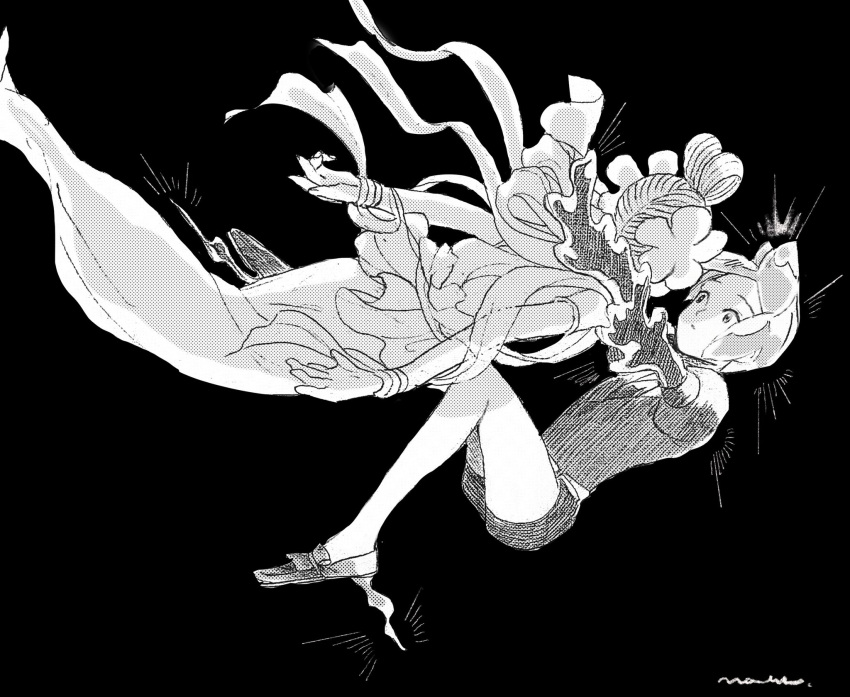 2others androgynous bracelet commentary face-to-face facing_another floating floating_hair from_side gem_uniform_(houseki_no_kuni) golden_arms greyscale hair_bun highres houseki_no_kuni jewelry lililin liquid loafers looking_at_another monochrome multiple_others necktie other_focus phosphophyllite puffy_short_sleeves puffy_sleeves robe see-through_silhouette shawl shoes short_hair short_sleeves shorts signature simple_background strangling surprised tsuki_jin updo