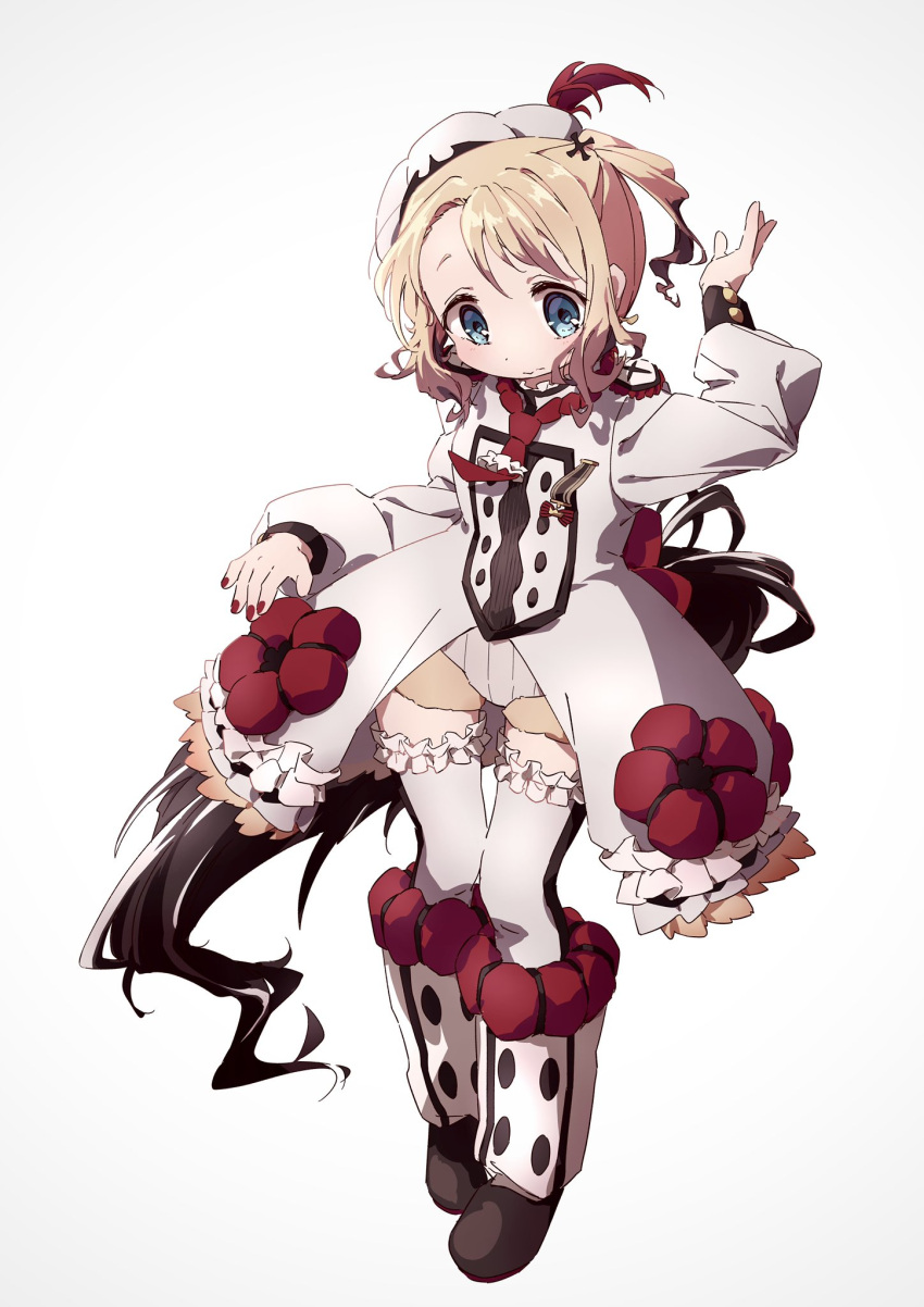 1girl blonde_hair blue_eyes boots boro_(tn-boro) brown_hair chef closed_mouth dress flower frilled_dress frilled_thighhighs frills full_body hand_up hat highres long_sleeves looking_down magical_girl mahou_shoujo_ikusei_keikaku mahou_shoujo_ikusei_keikaku_restart nail_polish neckerchief pechika_(mahoiku) red_flower red_nails red_neckerchief rooster_tail short_hair side_ponytail simple_background solo standing thighhighs white_background white_dress white_headwear white_thighhighs