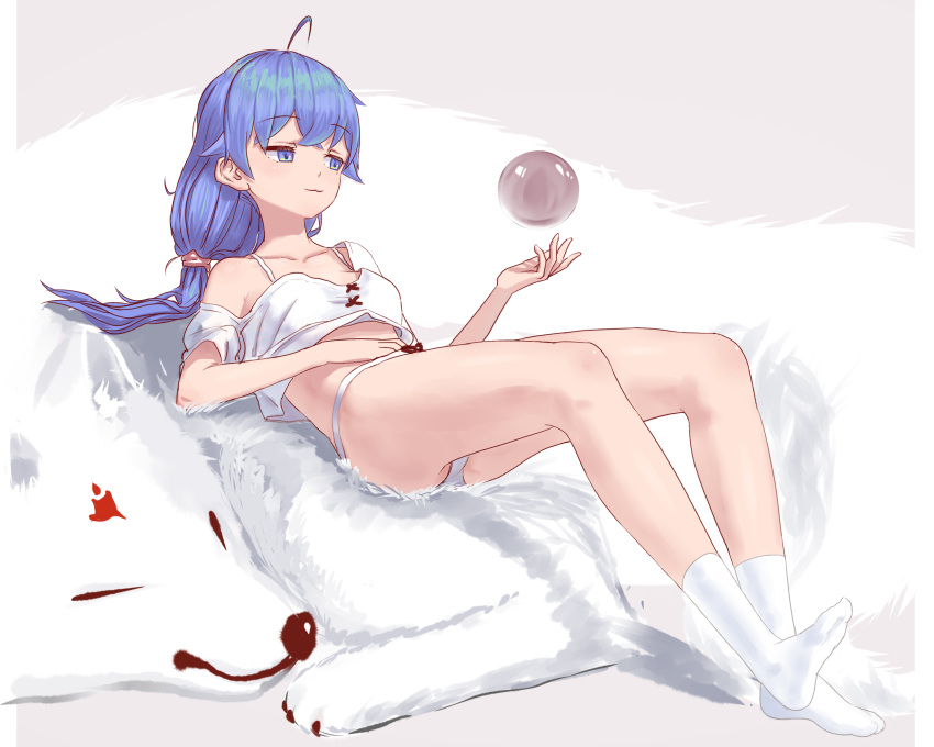 1girl :3 ahoge ass blue_eyes blue_hair camisole dog eyebrows_hidden_by_hair flat_chest full_body hand_on_own_stomach haoyihe highres lara_greyrat long_hair looking_to_the_side lying_on_animal mushoku_tensei panties simple_background socks solo underwear white_camisole white_panties white_socks