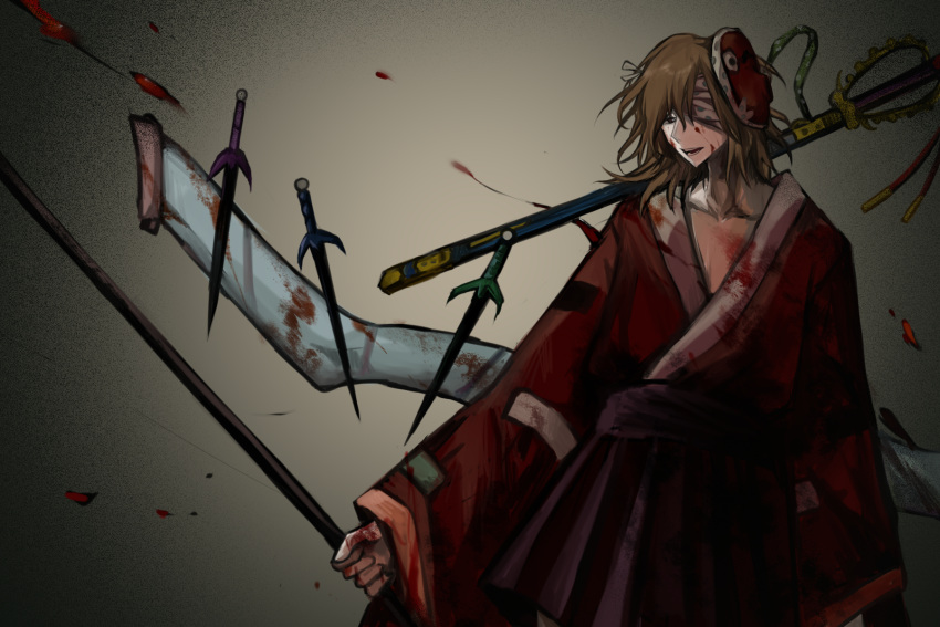 1other ametsukana_yago androgynous bandage_over_one_eye black_hakama blood blood_on_chest blood_on_clothes blood_on_face blood_on_hands brown_hair chinese_commentary commentary_request cowboy_shot hakama hakama_short_skirt hakama_skirt highres holding hyottoko_mask japanese_clothes kimono len'en long_sleeves mask mask_on_head medium_hair mxx33 open_mouth other_focus red_eyes red_kimono skirt smile solo wide_sleeves