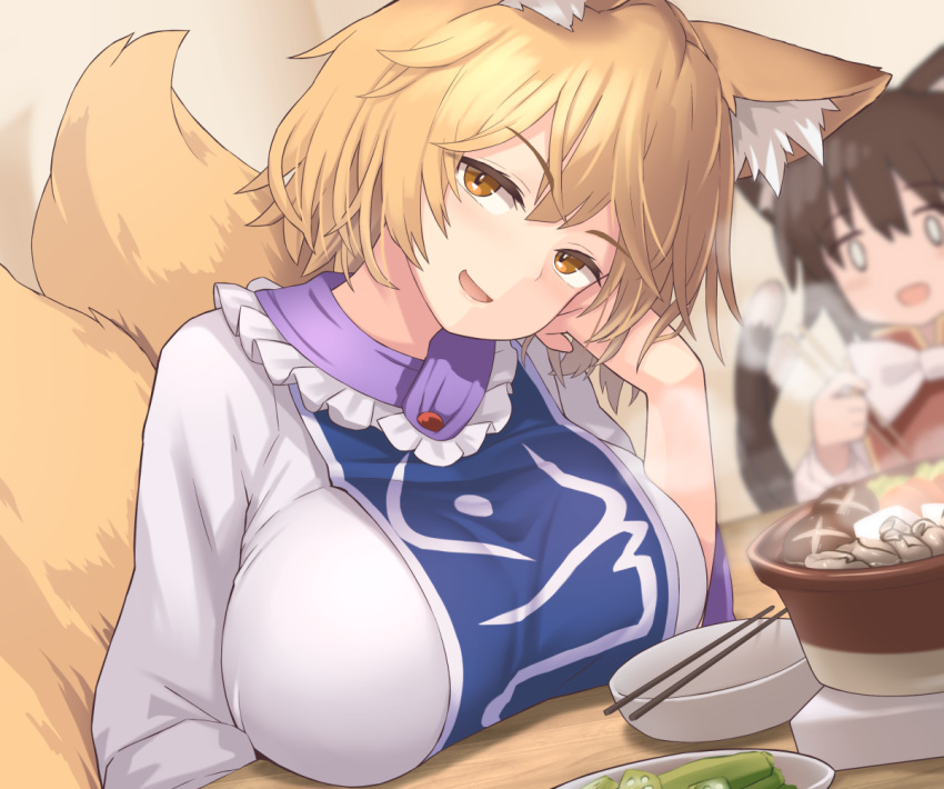 0_0 2girls animal_ear_fluff animal_ears blonde_hair breast_rest breasts brown_hair cat_ears cat_tail chen chopsticks commentary_request food fox_ears large_breasts looking_at_another looking_at_viewer multiple_girls multiple_tails open_mouth shiratsuki_shiori short_hair smile tail touhou yakumo_ran yellow_eyes