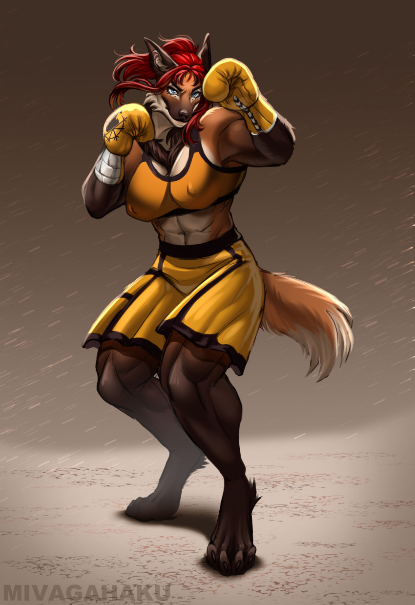 2024 4_toes abs amira_winters anthro athletic athletic_anthro athletic_female barefoot big_breasts black_nose bottomwear boxing_gloves bra breasts brown_body brown_fur canid canine claws cleavage clothed clothing feet female fur hair handwear hi_res hindpaw korigahaku mammal maned_wolf multicolored_body multicolored_fur navel nipple_outline paws red_hair ruff shorts solo sports_bra standing toe_claws toes two_tone_body two_tone_fur underwear white_body white_fur