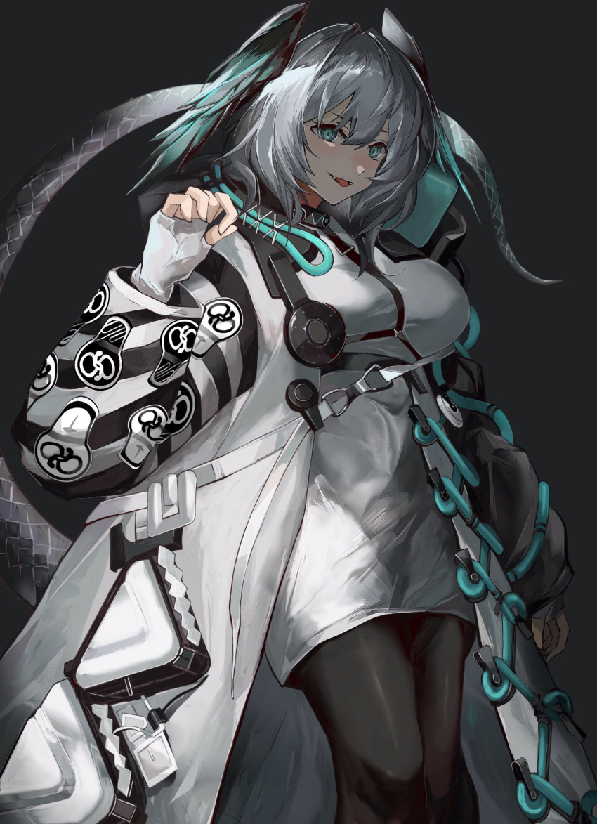 1girl arknights black_pantyhose blue_eyes breasts coat dress fang feet_out_of_frame fingerless_gloves gloves grey_background grey_hair hand_up head_wings highres ho'olheyak_(arknights) large_breasts long_sleeves looking_at_viewer open_clothes open_coat open_mouth pantyhose ruyu_(txzy22) short_hair simple_background snake_tail solo tail white_coat white_dress white_gloves wings