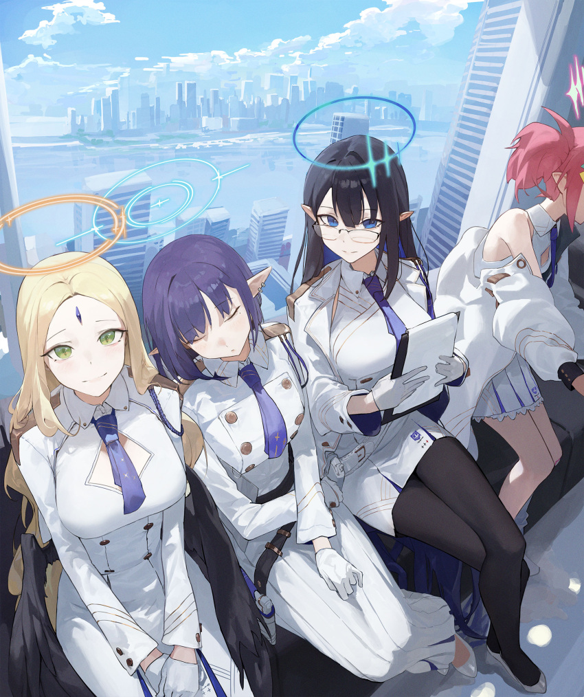 4girls aoi_(blue_archive) ayumu_(blue_archive) black_hair black_pantyhose black_wings blonde_hair blue_archive blue_hair blue_halo blue_necktie blue_sky breasts building city closed_mouth cloud glasses gloves green_eyes halo highres holding landscape large_breasts long_hair long_sleeves looking_at_viewer mac_star momoka_(blue_archive) multiple_girls necktie pantyhose pink_hair pointy_ears rin_(blue_archive) short_hair sitting skirt sky sleeping smile white_gloves white_skirt white_uniform wings yellow_halo