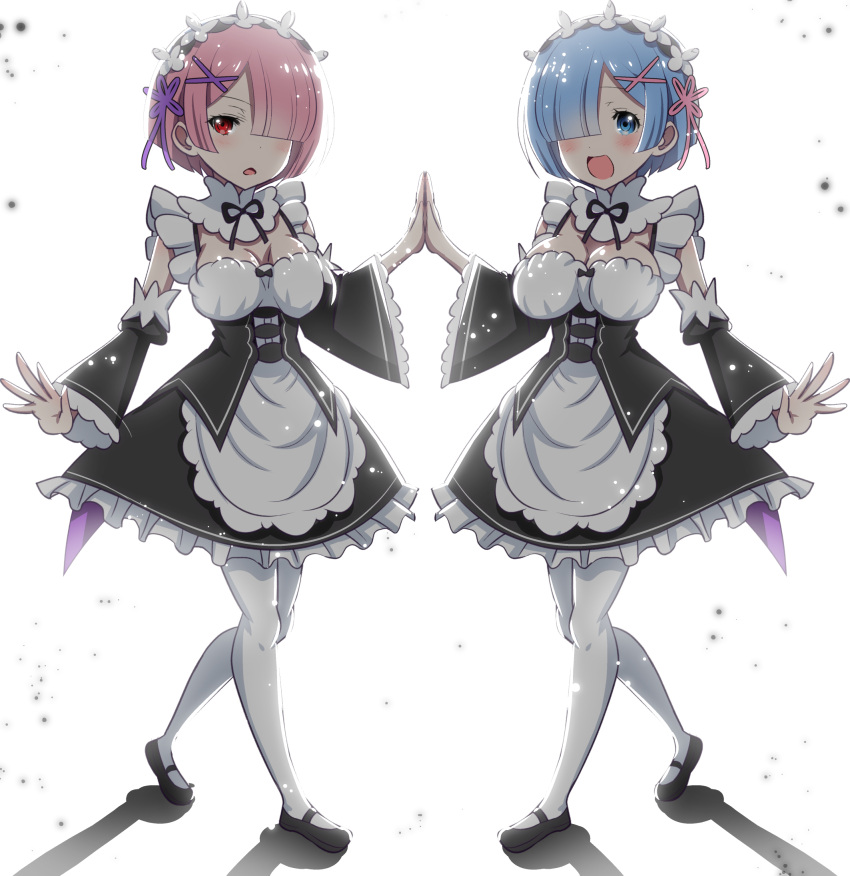 2girls :d ai_wa_muteki apron black_dress black_footwear black_ribbon blue_eyes blue_hair blunt_bangs blush breasts cleavage detached_sleeves dress full_body grey_background hair_ornament hair_ribbon highres juliet_sleeves large_breasts long_sleeves multiple_girls neck_ribbon pantyhose puffy_sleeves ram_(re:zero) re:zero_kara_hajimeru_isekai_seikatsu red_eyes rem_(re:zero) ribbon short_hair siblings simple_background sisters smile standing twins waist_apron white_apron white_pantyhose x_hair_ornament