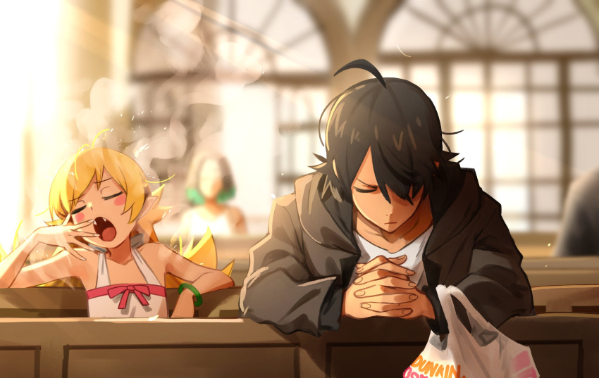 1boy 2girls araragi_koyomi bag bare_shoulders black_hair black_jacket blonde_hair blush_stickers closed_eyes commentary dunkin'_donuts fangs gaen_tooe head_tilt highres hood hooded_jacket indoors jacket khyle. kizumonogatari long_sleeves monogatari_(series) multiple_girls open_mouth oshino_shinobu own_hands_together plastic_bag pointy_ears shirt short_hair sleeveless steam upper_body white_shirt