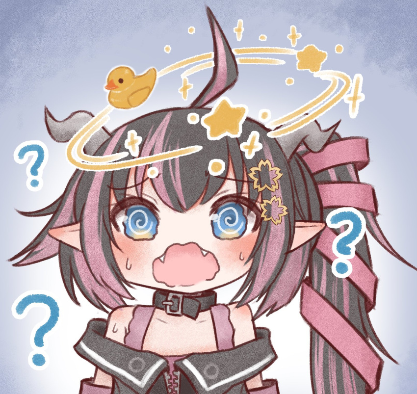 1girl ? @_@ ahoge belt belt_collar black_belt black_hair black_jacket blue_eyes blush bra collar commentary_request demon_girl demon_horns fangs flower grey_horns hair_flower hair_ornament hair_ribbon highres horns jacket long_hair looking_at_viewer medium_bangs multicolored_hair nanashi_inc. off_shoulder oinomori_may one_side_up open_mouth pink_bra pink_hair pink_ribbon pointy_ears powercandy ribbon rubber_duck seeing_stars solo two-tone_hair underwear upper_body virtual_youtuber wavy_mouth