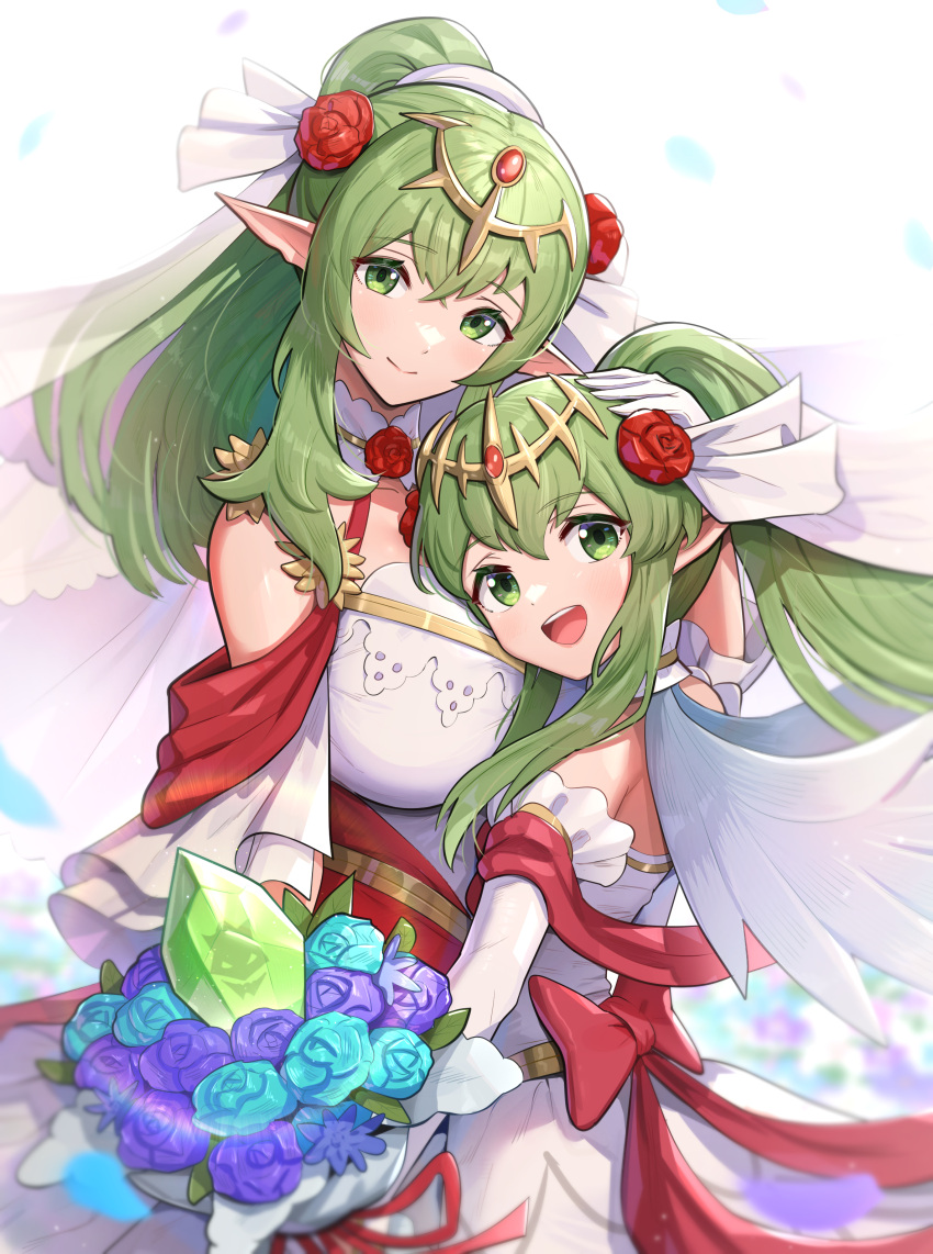 2girls absurdres bouquet breasts bridal_veil bride dress dual_persona fire_emblem fire_emblem:_mystery_of_the_emblem fire_emblem_awakening fire_emblem_heroes flower gonzarez green_eyes green_hair hair_ornament highres holding holding_bouquet large_breasts long_hair looking_at_viewer multiple_girls official_alternate_costume open_mouth pointy_ears ponytail smile tiki_(adult)_(bridal)_(fire_emblem) tiki_(adult)_(fire_emblem) tiki_(fire_emblem) tiki_(young)_(bridal)_(fire_emblem) tiki_(young)_(fire_emblem) veil wedding wedding_dress white_dress