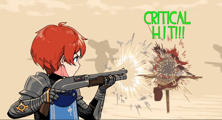 1girl armor bag blue_eyes brown_background chainmail commentary english_commentary english_text firing from_behind from_side gameplay_mechanics gauntlets gun hands_up hat holding holding_weapon kurisuu101 original red_hair satchel short_hair shotgun shoulder_armor solo target target_practice team_fortress_2 v-shaped_eyebrows weapon witch_hat