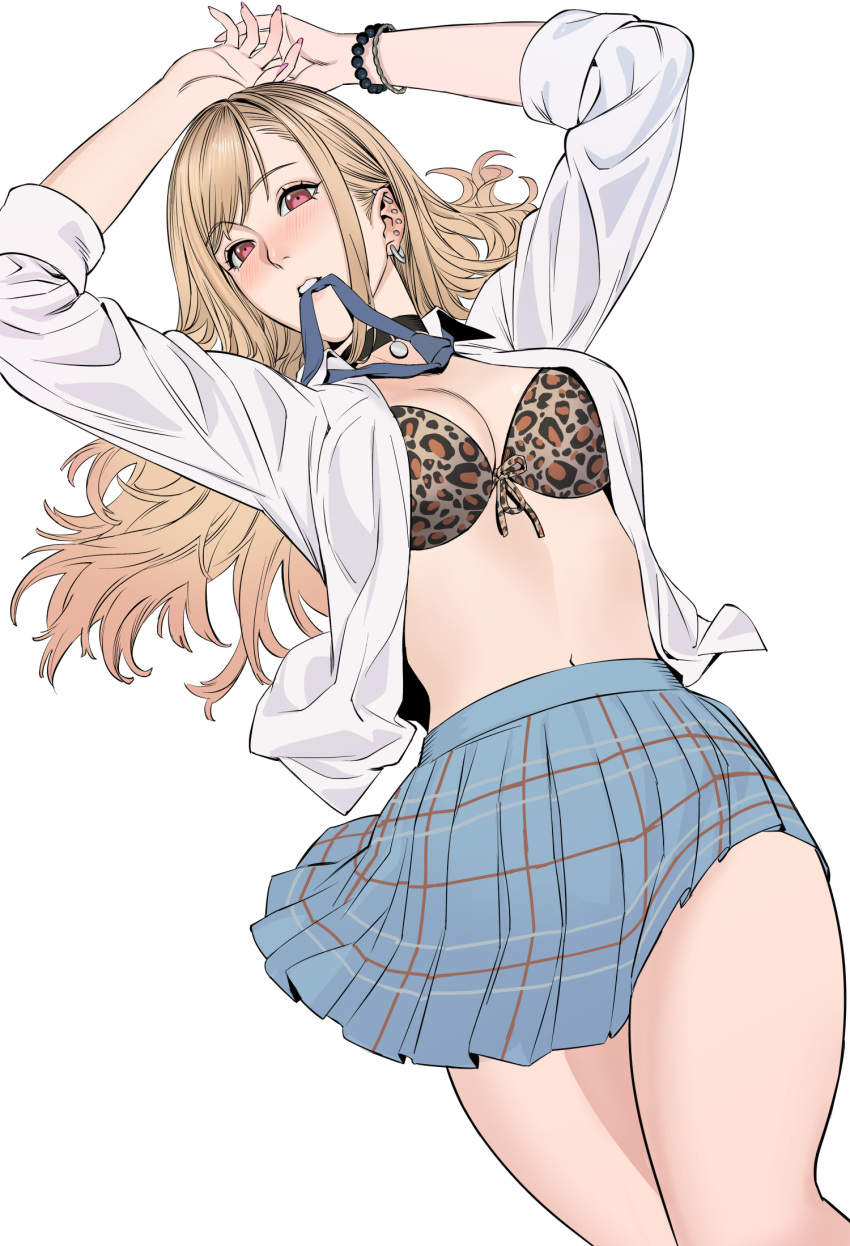 1girl animal_print arms_up bare_legs black_choker blonde_hair blue_necktie blue_skirt blush bra breasts choker cleavage collared_shirt commentary cowboy_shot ear_piercing earrings front-tie_bra hair_behind_ear highres industrial_piercing jewelry kitagawa_marin leopard_print looking_at_viewer lying medium_breasts midriff mouth_hold navel necktie necktie_in_mouth on_back open_clothes open_shirt piercing pink_nails plaid plaid_skirt pleated_skirt print_bra red_eyes shirt skirt solo sono_bisque_doll_wa_koi_wo_suru swept_bangs underwear uukkaa white_background white_shirt