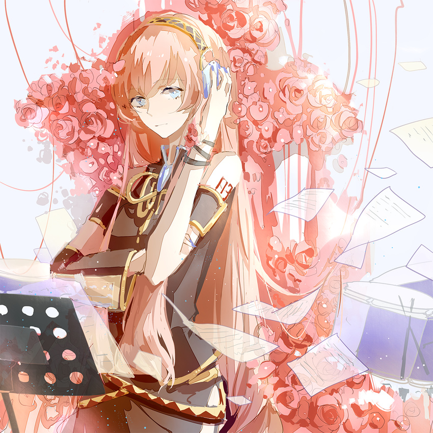 aqua_eyes flower headphones highres kyer long_hair looking_at_viewer megurine_luka paper pink_hair rose solo vocaloid wind