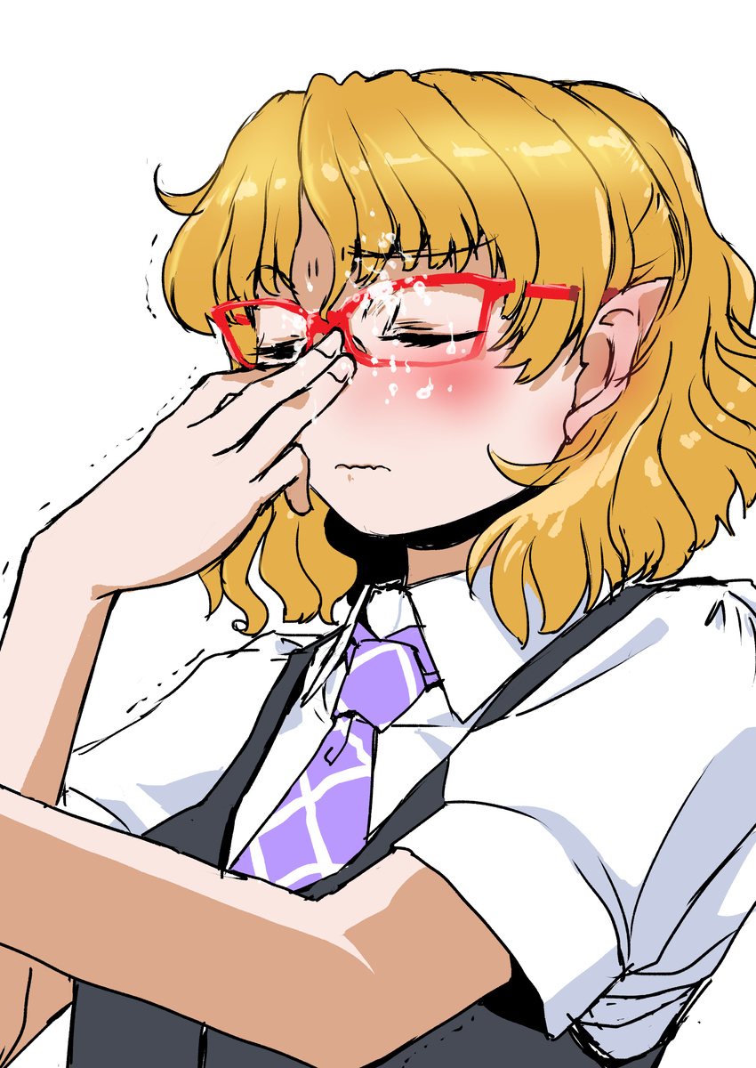 absurdres adjusting_eyewear alternate_costume bespectacled blonde_hair blush closed_eyes cum cum_on_glasses cum_on_hair ear_blush facial glasses goton_goton green_eyes highres mizuhashi_parsee motion_lines necktie pointy_ears red-framed_eyewear shirt short_hair simple_background solo touhou trembling vest wavy_mouth white_background white_shirt