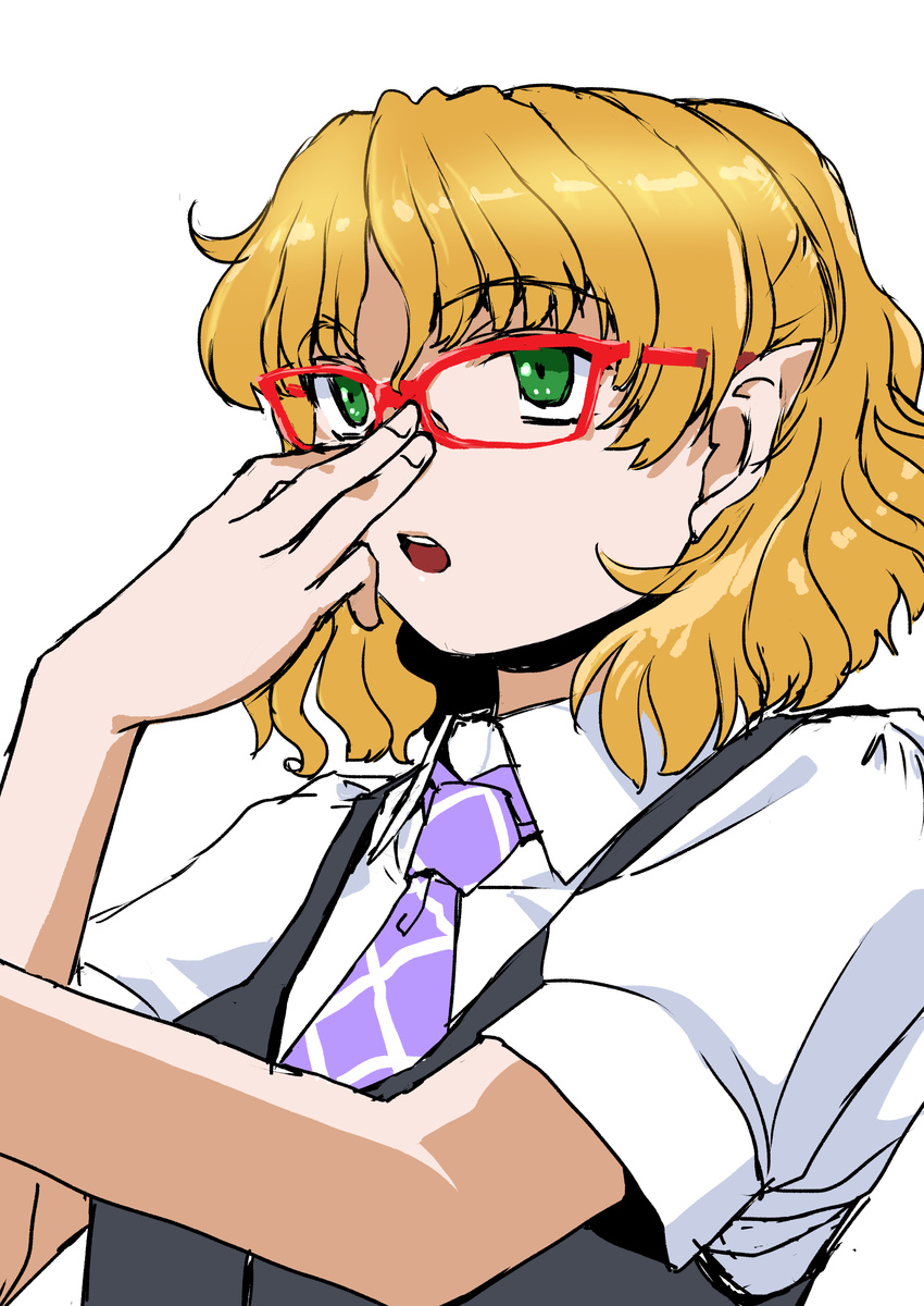 :o absurdres adjusting_eyewear alternate_costume bespectacled blonde_hair glasses goton_goton green_eyes highres mizuhashi_parsee necktie pointy_ears red-framed_eyewear shirt short_hair simple_background solo touhou vest white_background white_shirt