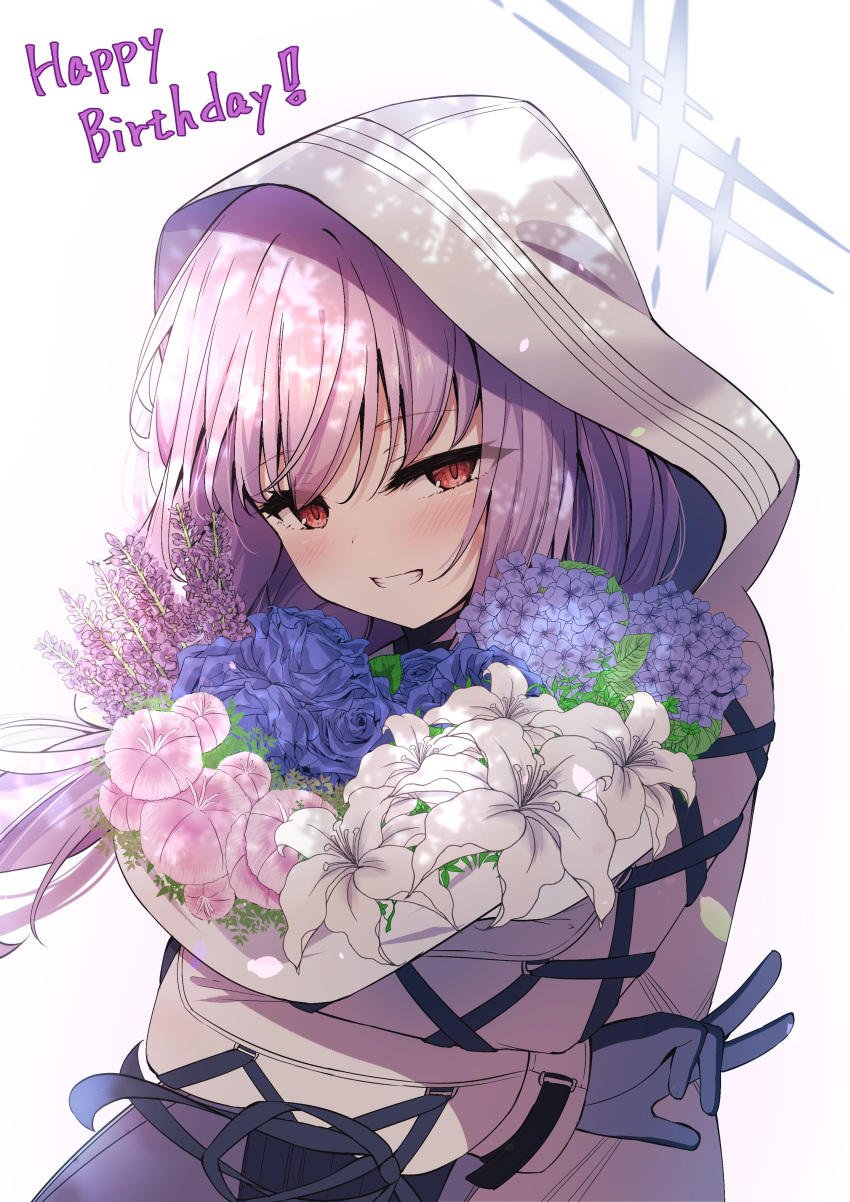 1girl absurdres atsuko_(blue_archive) black_gloves blue_archive blue_flower blush bouquet commentary_request cross-laced_clothes cross-laced_sleeves flower gloves halo happy_birthday highres holding holding_bouquet hood hood_up hooded_jacket jacket long_hair long_sleeves looking_at_viewer madotsukumo pink_flower purple_flower purple_hair red_eyes simple_background smile solo teeth white_background white_flower white_jacket