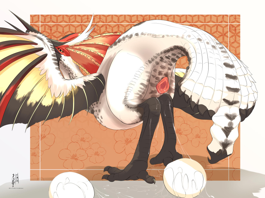 absurd_res aknosom animal_genitalia bird_wyvern bodily_fluids capcom cloaca egg eryz female feral genital_fluids genitals head_crest hi_res looking_at_viewer monster_hunter nude oviposition scales solo tail wings